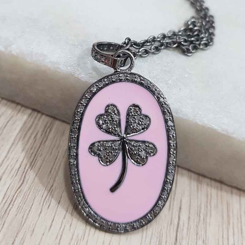 Oval Shaped Pink Enamel With Pave Diamond Flower Pendant, Flower Oval Shape Jewelry