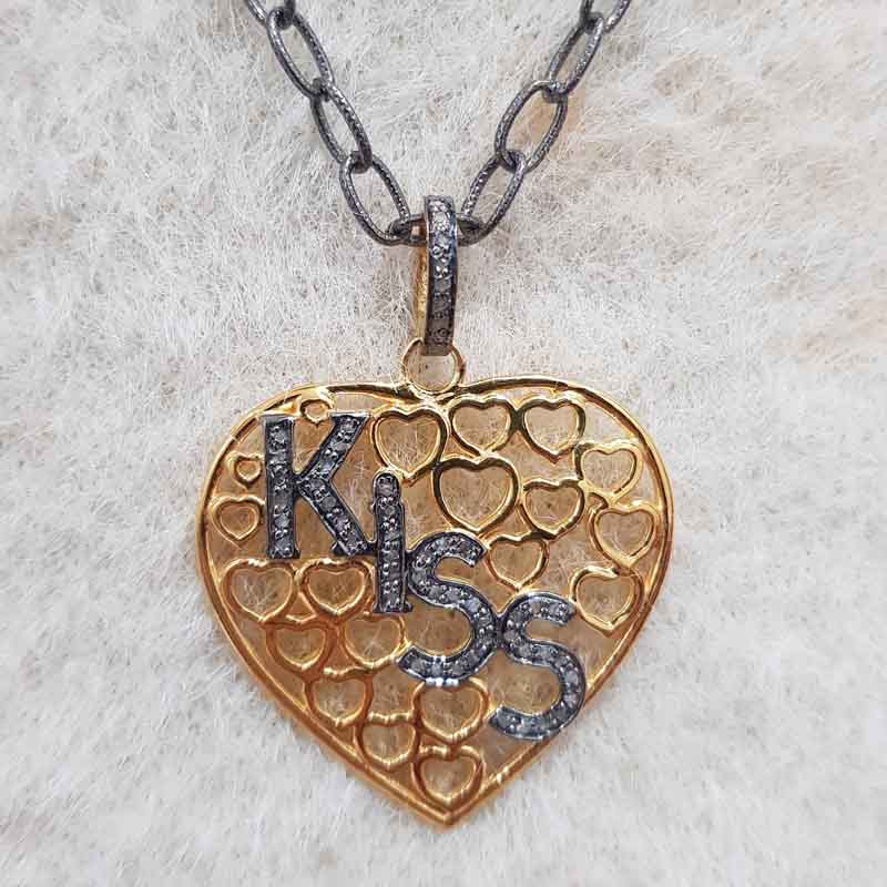 Fancy Designer Heart Pendant With Pave Diamond Kiss Letters, Gift For Lovers, Anniversary Gift