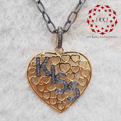 Fancy Designer Heart Pendant With Pave Diamond Kiss Letters, Gift For Lovers, Anniversary Gift