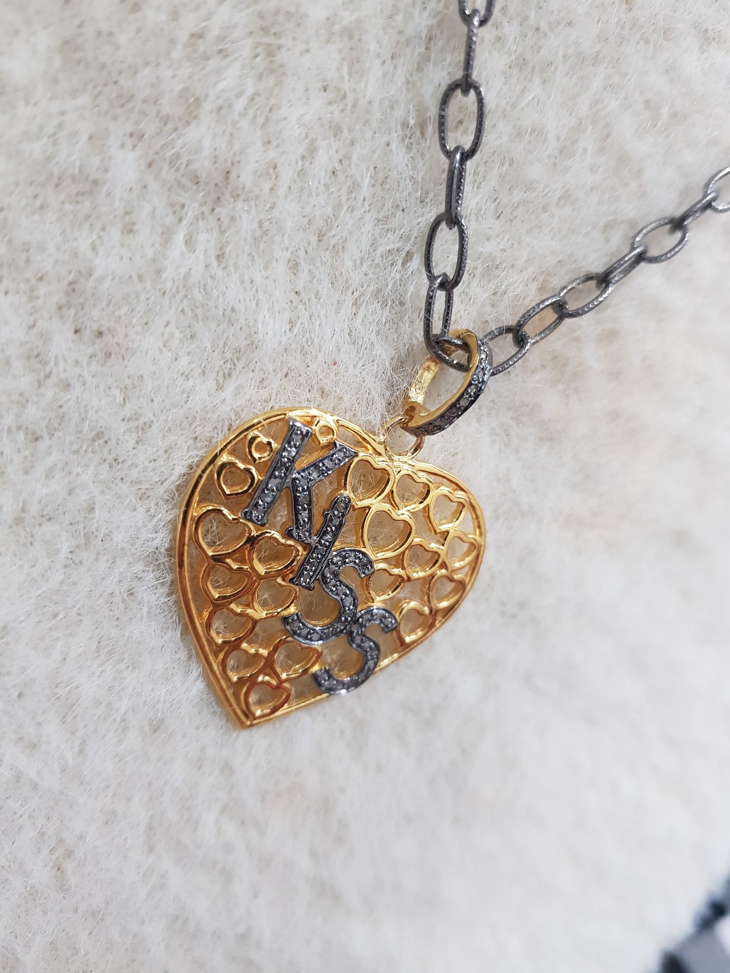 Fancy Designer Heart Pendant With Pave Diamond Kiss Letters, Gift For Lovers, Anniversary Gift