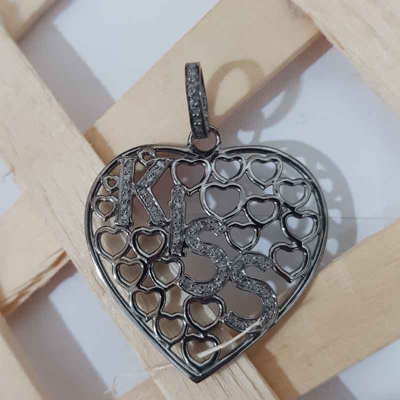 Fancy Designer Heart Pendant With Pave Diamond Kiss Letters, Gift For Lovers, Anniversary Gift