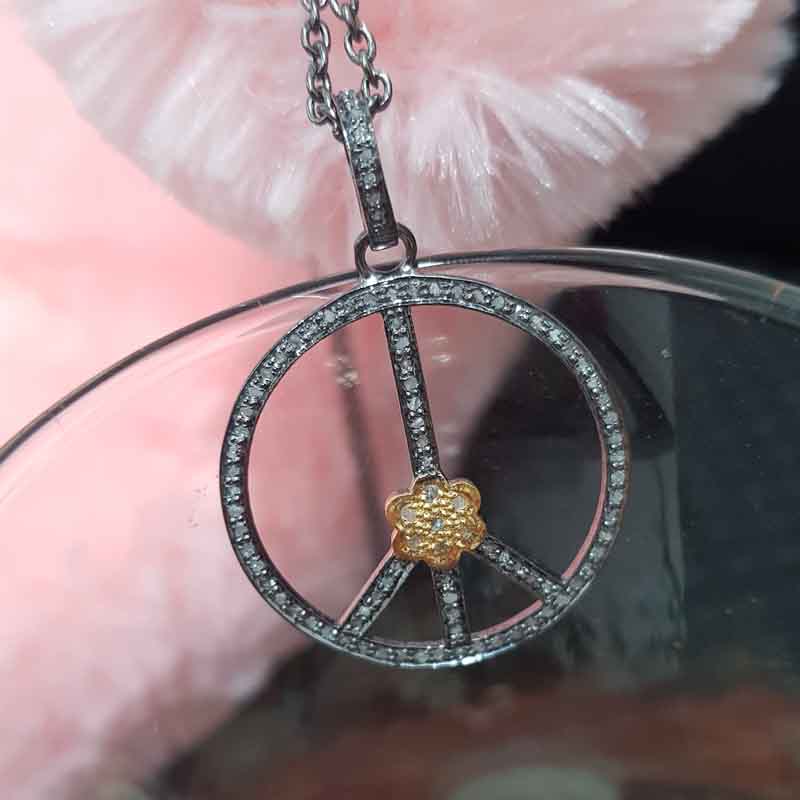 Gorgeous Pave Pendant With Little Flower In Center, Peace Design Necklace, Gift For Sister, Birthday Gift