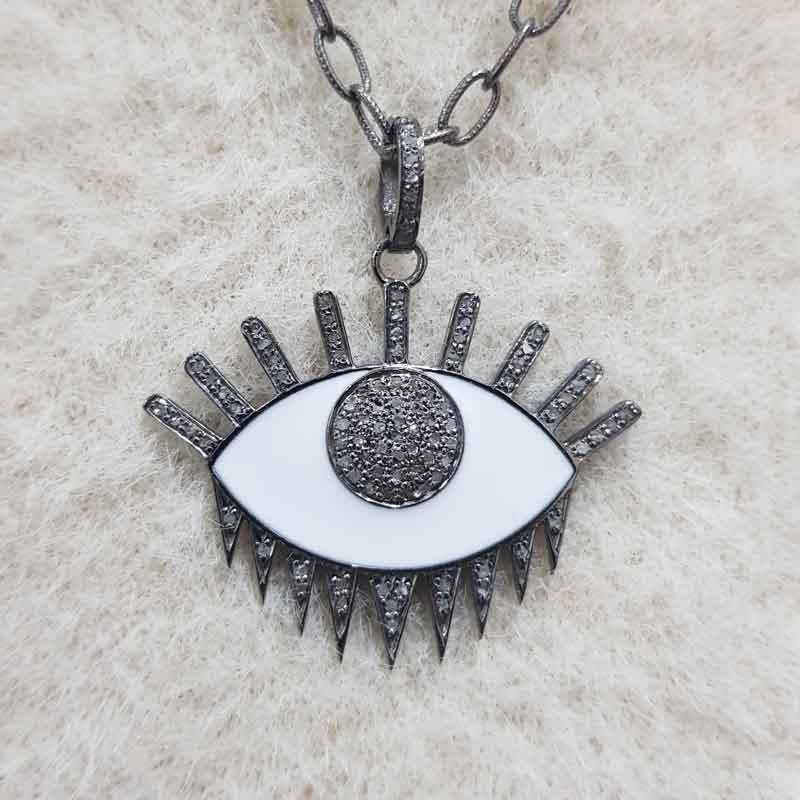 Stunning Evil Eye Designer White Enamel And Pave Diamond Pendant, Stylish Evil Eye Necklace, Gift For Someone Special