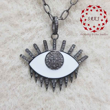 Stunning Evil Eye Designer White Enamel And Pave Diamond Pendant, Stylish Evil Eye Necklace, Gift For Someone Special