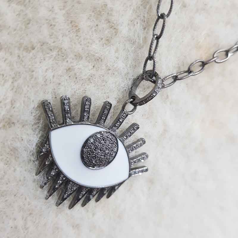 Stunning Evil Eye Designer White Enamel And Pave Diamond Pendant, Stylish Evil Eye Necklace, Gift For Someone Special