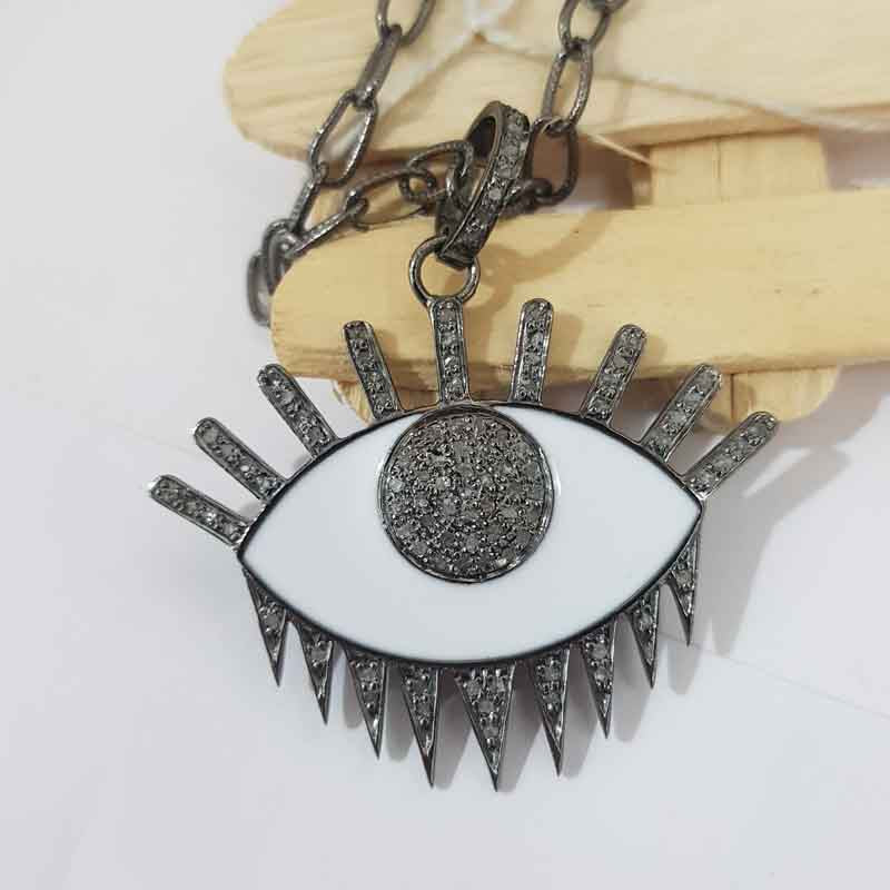 Stunning Evil Eye Designer White Enamel And Pave Diamond Pendant, Stylish Evil Eye Necklace, Gift For Someone Special