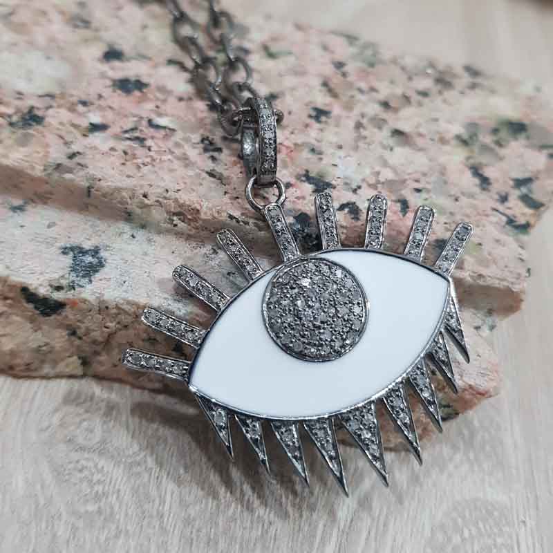 Stunning Evil Eye Designer White Enamel And Pave Diamond Pendant, Stylish Evil Eye Necklace, Gift For Someone Special