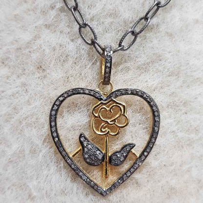 Stunning Pave Diamond Heart With Flower Pendant, Heart With Rose Flower Necklace, Silver Jewelry