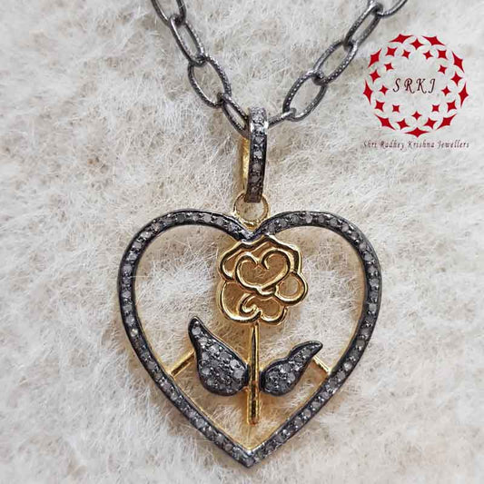 Stunning Pave Diamond Heart With Flower Pendant, Heart With Rose Flower Necklace, Silver Jewelry