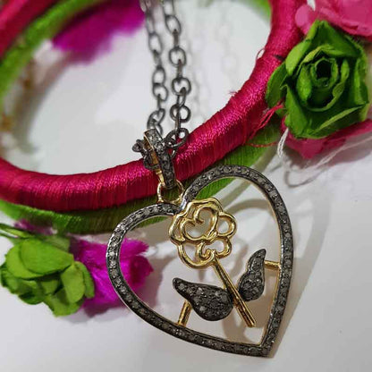 Stunning Pave Diamond Heart With Flower Pendant, Heart With Rose Flower Necklace, Silver Jewelry