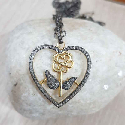 Stunning Pave Diamond Heart With Flower Pendant, Heart With Rose Flower Necklace, Silver Jewelry