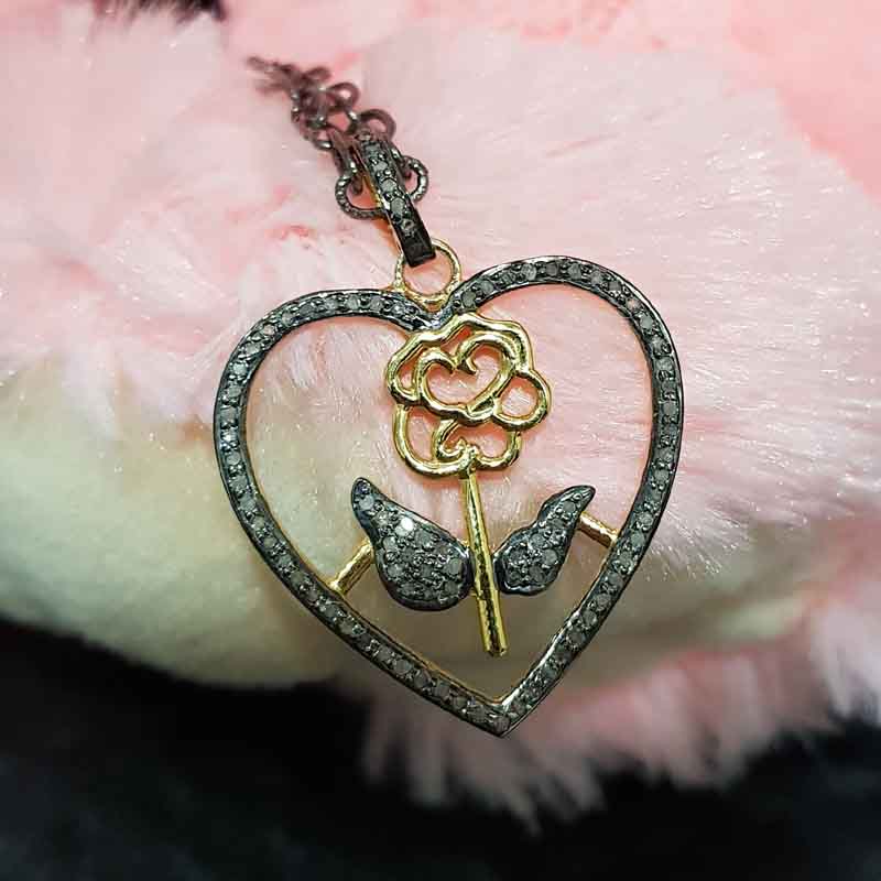 Stunning Pave Diamond Heart With Flower Pendant, Heart With Rose Flower Necklace, Silver Jewelry