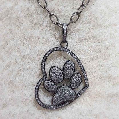 Lion Paw In Heart Pave Diamond Pendant, Silver Jewelry, Handmade Pendant