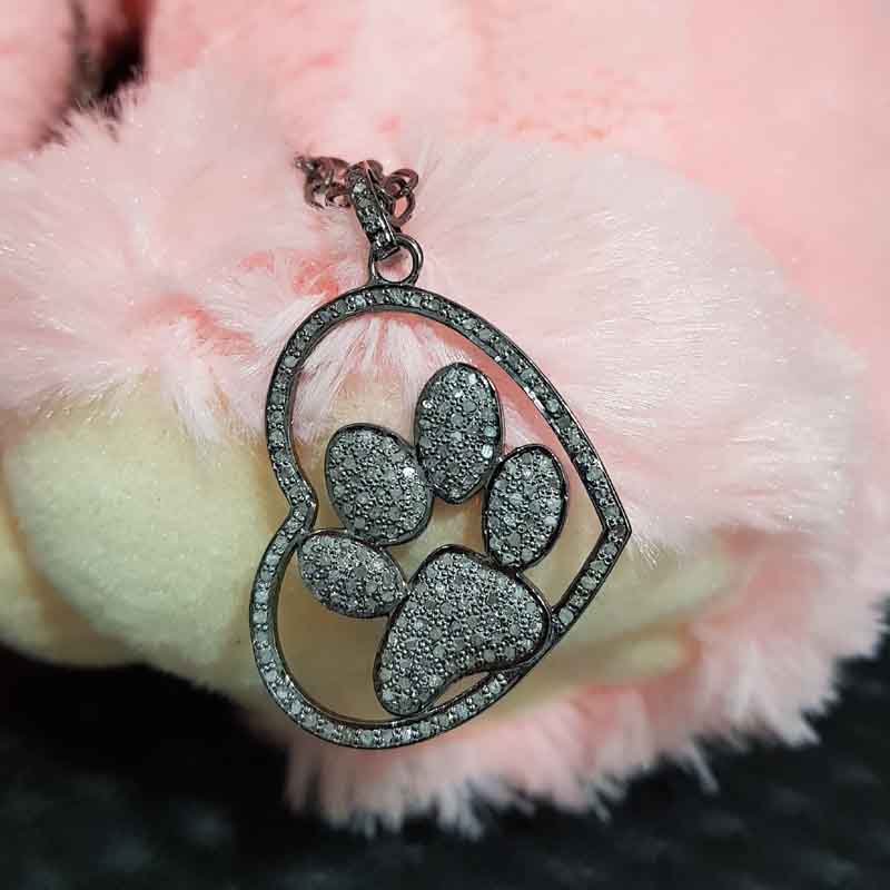 Lion Paw In Heart Pave Diamond Pendant, Silver Jewelry, Handmade Pendant