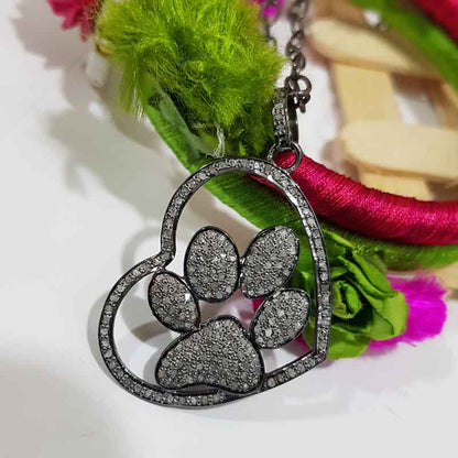 Lion Paw In Heart Pave Diamond Pendant, Silver Jewelry, Handmade Pendant