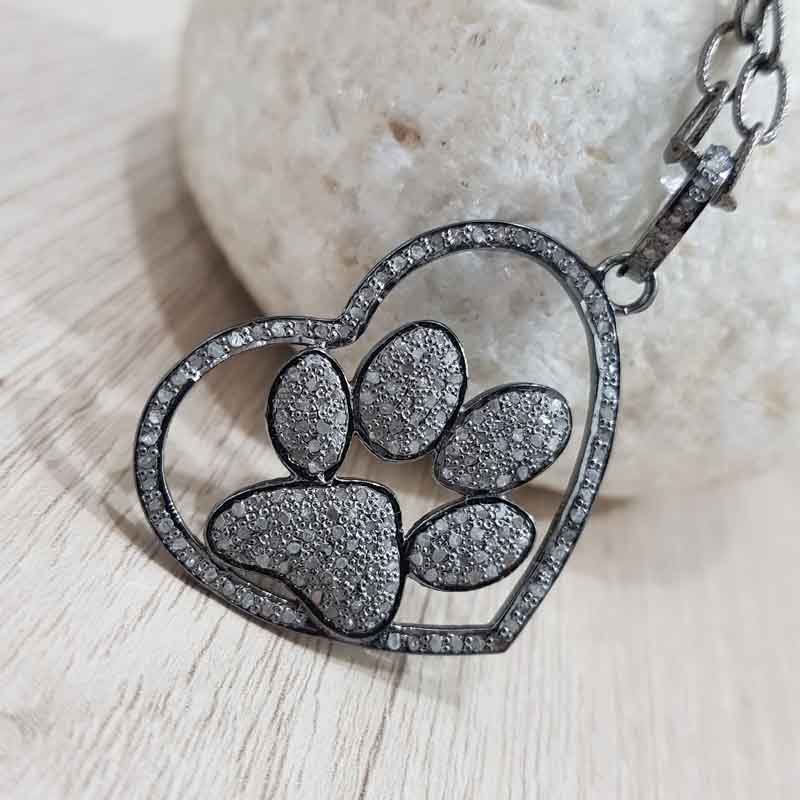 Lion Paw In Heart Pave Diamond Pendant, Silver Jewelry, Handmade Pendant