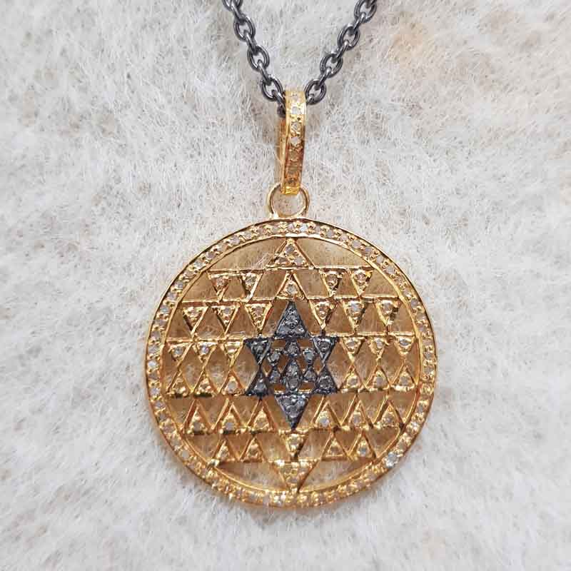 Beautiful Round Star Designer Pave Diamond Two Tone Pendant, Unique Shiny Star Necklace, Silver Jewelry