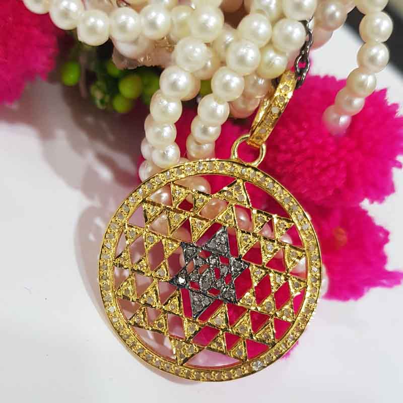 Beautiful Round Star Designer Pave Diamond Two Tone Pendant, Unique Shiny Star Necklace, Silver Jewelry