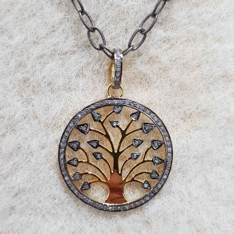 Glorious Round Tree Style Pave Diamond Pendant, Tree Style Necklace, Silver Jewelry