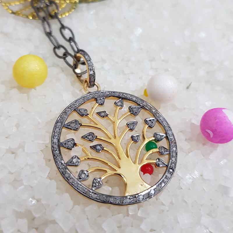 Glorious Round Tree Style Pave Diamond Pendant, Tree Style Necklace, Silver Jewelry