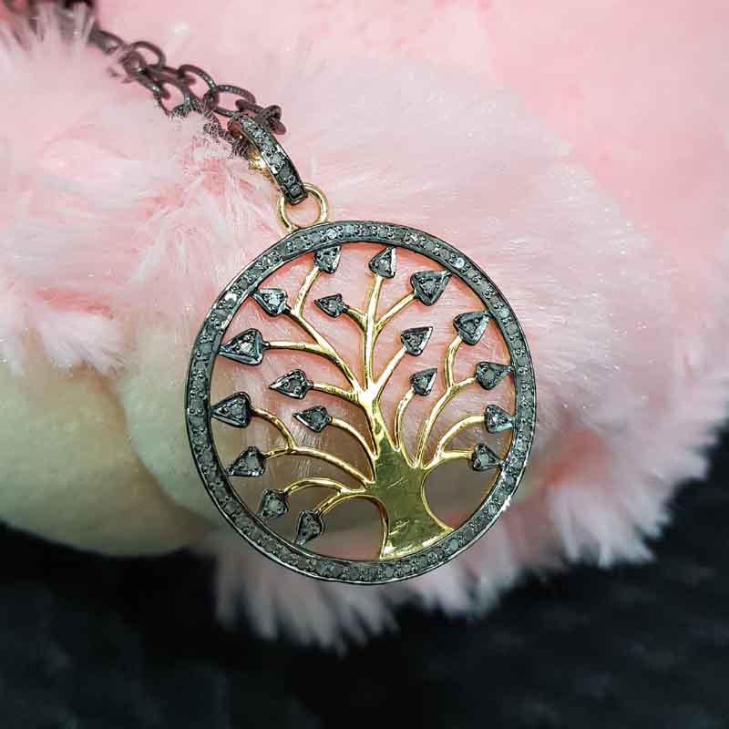 Glorious Round Tree Style Pave Diamond Pendant, Tree Style Necklace, Silver Jewelry