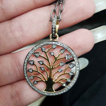 Glorious Round Tree Style Pave Diamond Pendant, Tree Style Necklace, Silver Jewelry