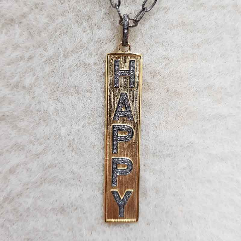 Beautiful Yellow And Black Finish Designer Happy Pendant, HAPPY Tag Necklace, Happiness in Bloom Tag Necklace