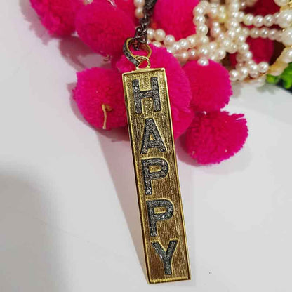 Beautiful Yellow And Black Finish Designer Happy Pendant, HAPPY Tag Necklace, Happiness in Bloom Tag Necklace