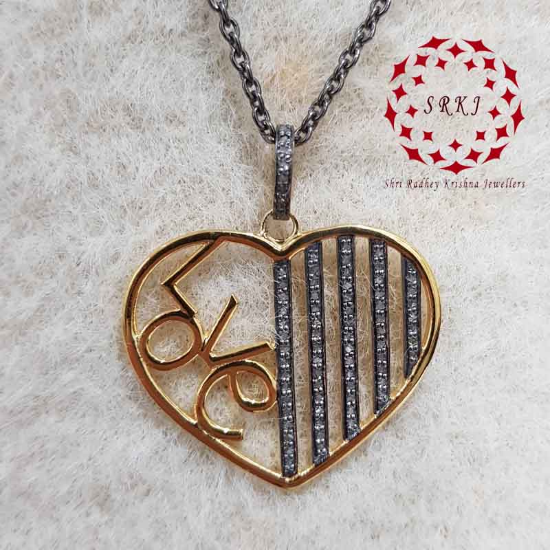 Gorgeous Heart With Love Designer Pave Diamond Silver Pendant, LOVE Heart Necklace, Silver Jewelry, Gift For Loves