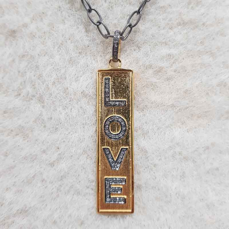 Two Tone Love Tag Pendant With Pave Diamond Layers, Enamel Love Tag Necklace, Silver Jewelry