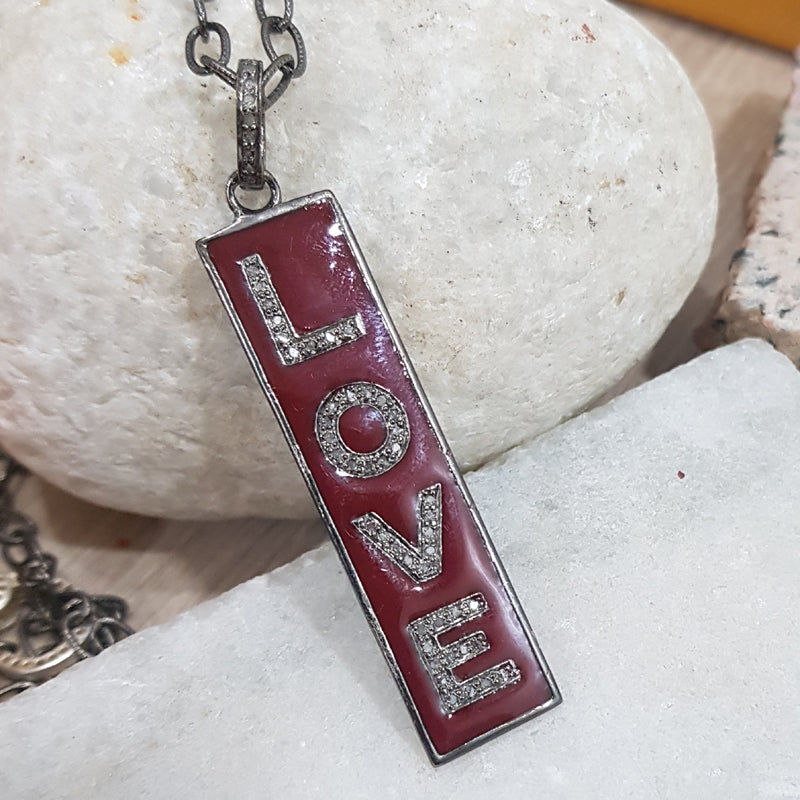 Two Tone Love Tag Pendant With Pave Diamond Layers, Enamel Love Tag Necklace, Silver Jewelry