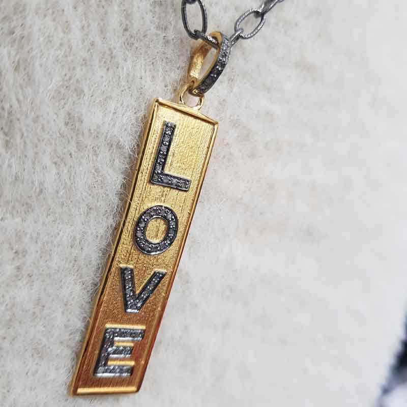 Two Tone Love Tag Pendant With Pave Diamond Layers, Enamel Love Tag Necklace, Silver Jewelry