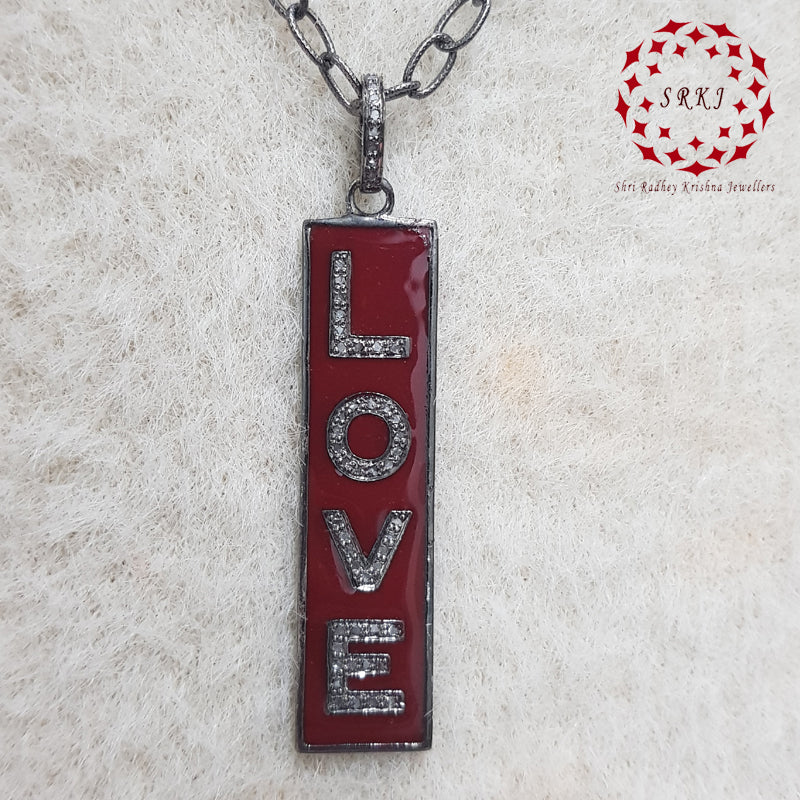 Two Tone Love Tag Pendant With Pave Diamond Layers, Enamel Love Tag Necklace, Silver Jewelry