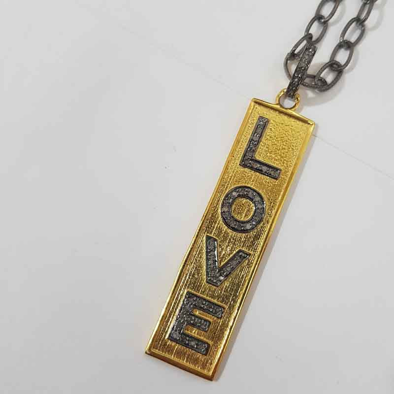 Two Tone Love Tag Pendant With Pave Diamond Layers, Enamel Love Tag Necklace, Silver Jewelry