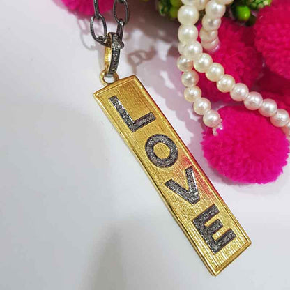 Two Tone Love Tag Pendant With Pave Diamond Layers, Enamel Love Tag Necklace, Silver Jewelry