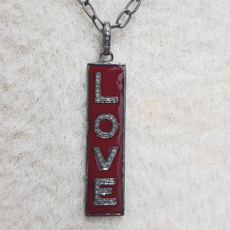 Two Tone Love Tag Pendant With Pave Diamond Layers, Enamel Love Tag Necklace, Silver Jewelry