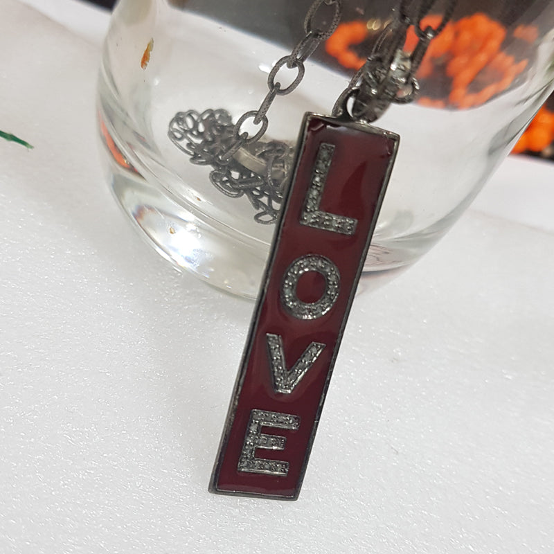 Two Tone Love Tag Pendant With Pave Diamond Layers, Enamel Love Tag Necklace, Silver Jewelry