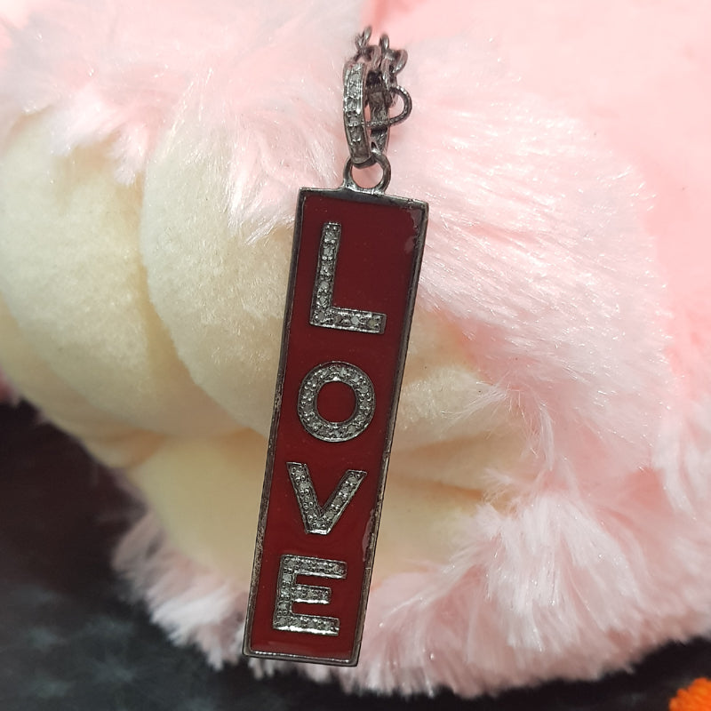 Two Tone Love Tag Pendant With Pave Diamond Layers, Enamel Love Tag Necklace, Silver Jewelry