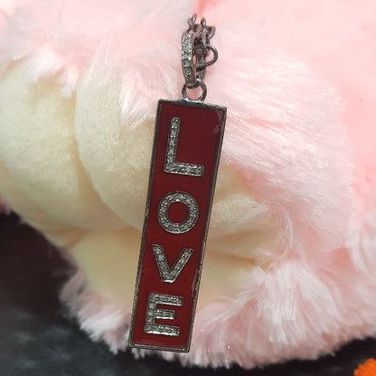 Two Tone Love Tag Pendant With Pave Diamond Layers, Enamel Love Tag Necklace, Silver Jewelry