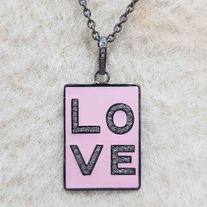 Pink Enamel Love Tag Pendant, Stunning Gift For Love, Silver Jewelry, Tag Necklace