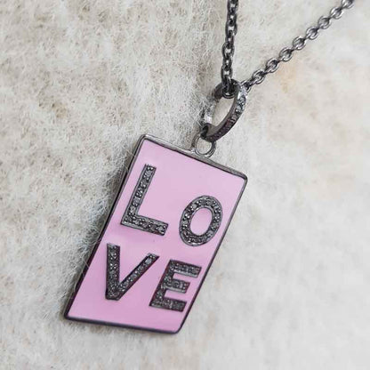 Pink Enamel Love Tag Pendant, Stunning Gift For Love, Silver Jewelry, Tag Necklace