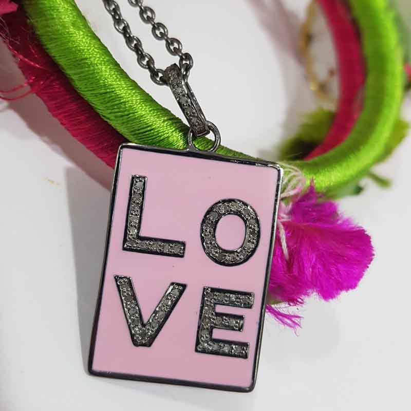 Pink Enamel Love Tag Pendant, Stunning Gift For Love, Silver Jewelry, Tag Necklace