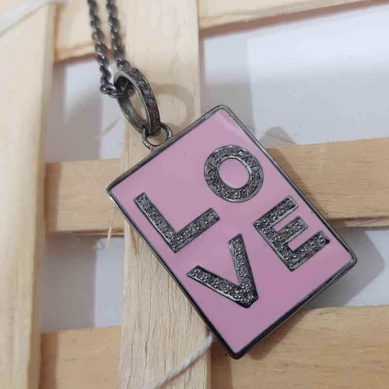 Pink Enamel Love Tag Pendant, Stunning Gift For Love, Silver Jewelry, Tag Necklace