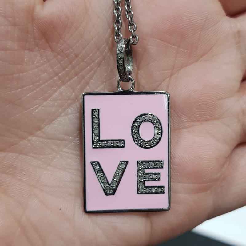 Pink Enamel Love Tag Pendant, Stunning Gift For Love, Silver Jewelry, Tag Necklace