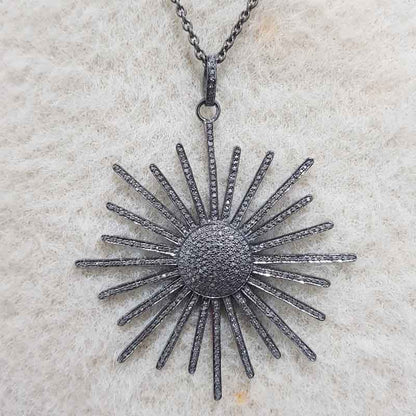 Fully Pave Diamond Handmade Designer Sunburst Pendant, Attractive Pendant Sunburst Necklace, Silver Jewelry