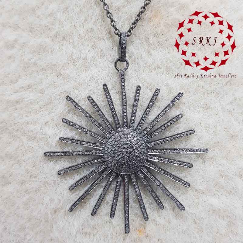 Fully Pave Diamond Handmade Designer Sunburst Pendant, Attractive Pendant Sunburst Necklace, Silver Jewelry