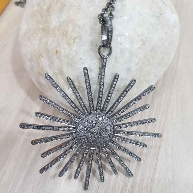 Fully Pave Diamond Handmade Designer Sunburst Pendant, Attractive Pendant Sunburst Necklace, Silver Jewelry