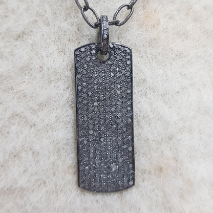 Fully Shiny Black Tag Pendant, Handmade Pendant With Pave Diamond, Silver Jewelry