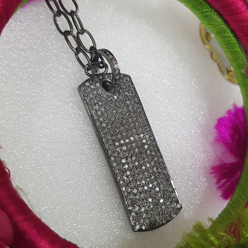 Fully Shiny Black Tag Pendant, Handmade Pendant With Pave Diamond, Silver Jewelry