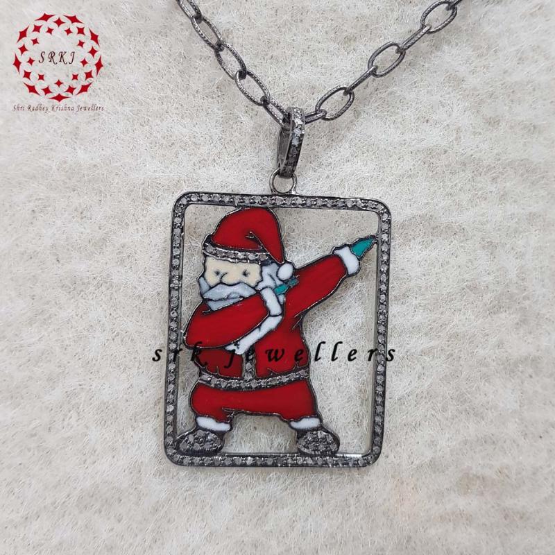 Attractive Pave Diamond Handmade Fancy Designer Santa Pendant, Enamel Design With Christmas Gift,  Occasion Day Gifted